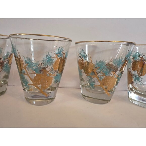 Libbey Set Of 5 Vintage Gold Aqua Pine Cone Glasses MCM - Picture 2 of 7